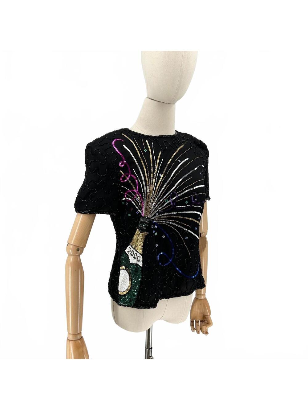 Vintage 90s Adrianna Papell Black 100% Silk Sequin NYE Top